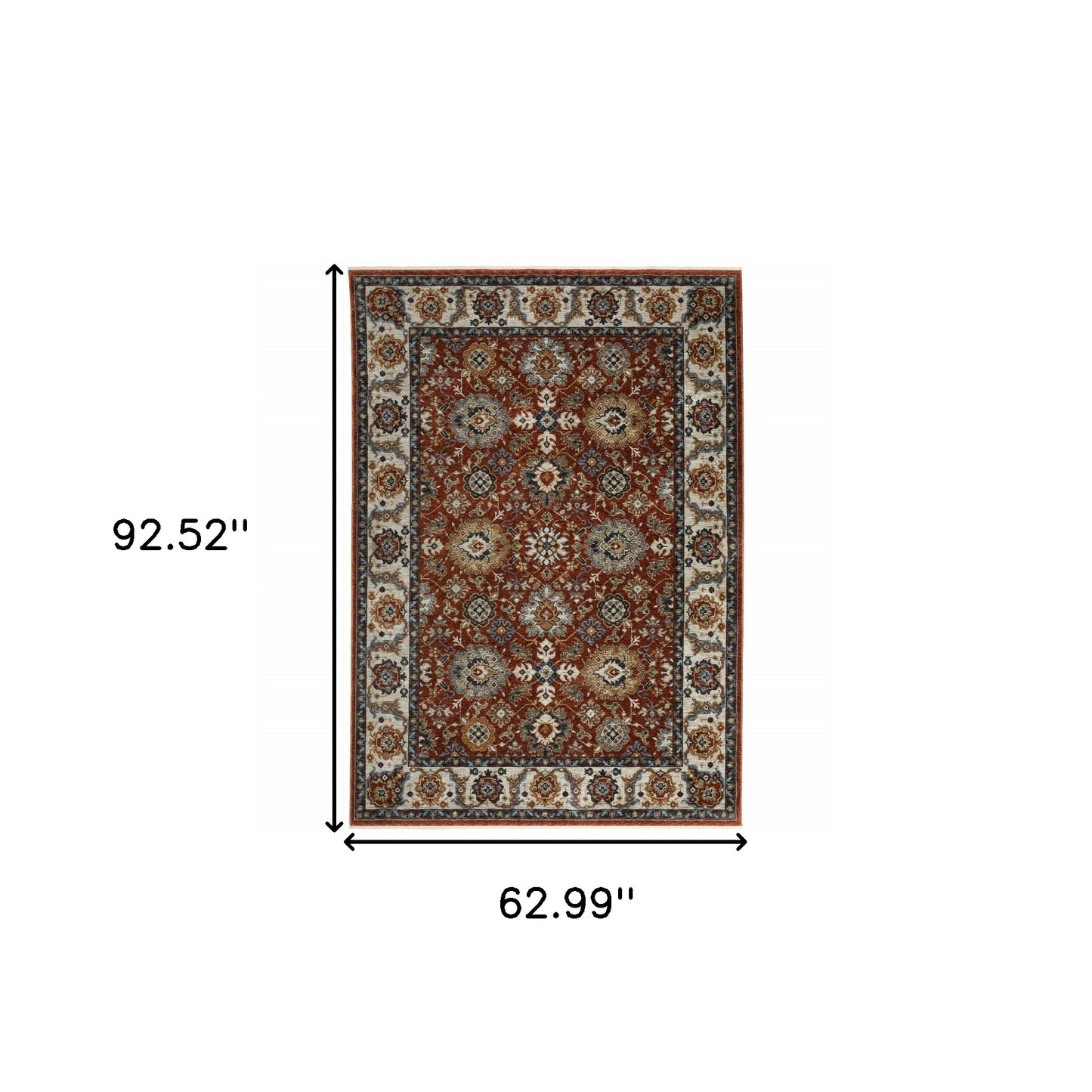 5' X 8' Red Blue Ivory Gold And Navy Oriental Power Loom Stain Resistant Area Rug With Fringe