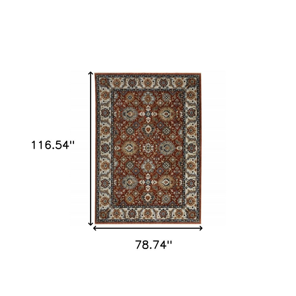 7' X 10' Red Ivory And Orange Oriental Area Rug With Fringe