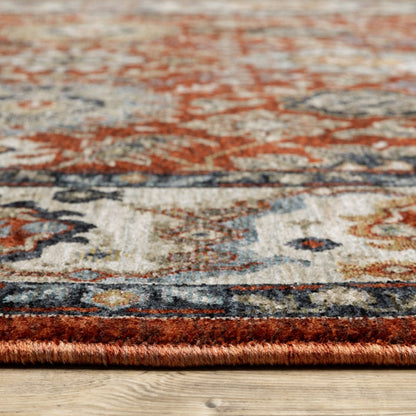 7' X 10' Red Ivory And Orange Oriental Area Rug With Fringe