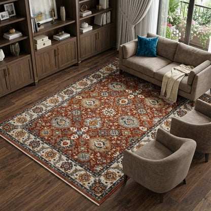 8' X 11' Red Ivory And Orange Oriental Area Rug With Fringe