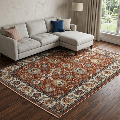 8' X 11' Red Ivory And Orange Oriental Area Rug With Fringe