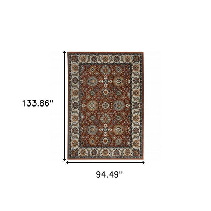 8' X 11' Red Ivory And Orange Oriental Area Rug With Fringe