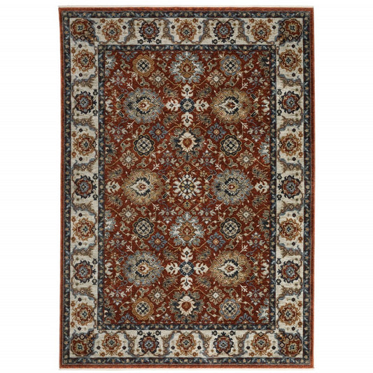 8' X 11' Red Ivory And Orange Oriental Area Rug With Fringe