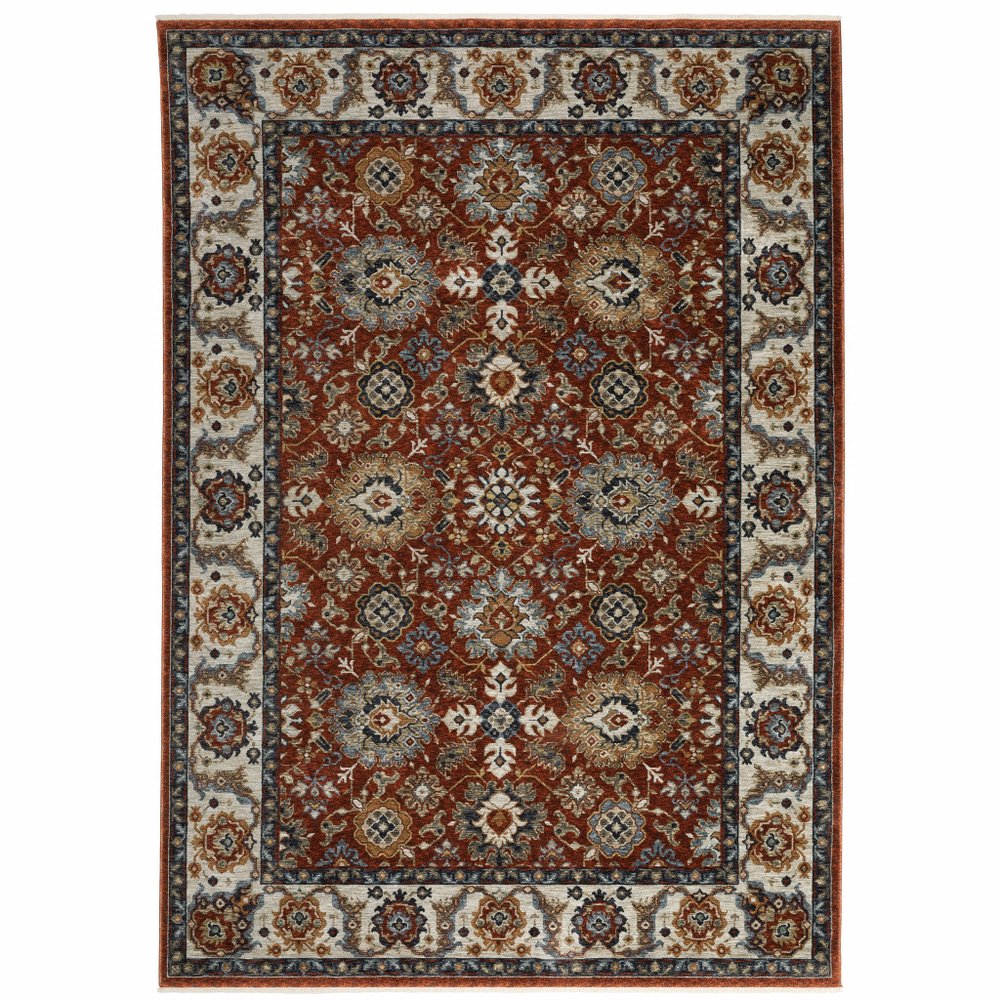 8' X 11' Red Ivory And Orange Oriental Area Rug With Fringe