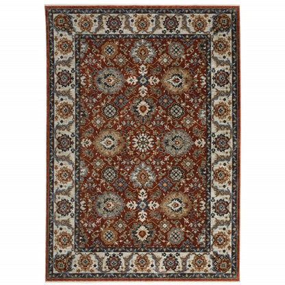 8' X 11' Red Ivory And Orange Oriental Area Rug With Fringe