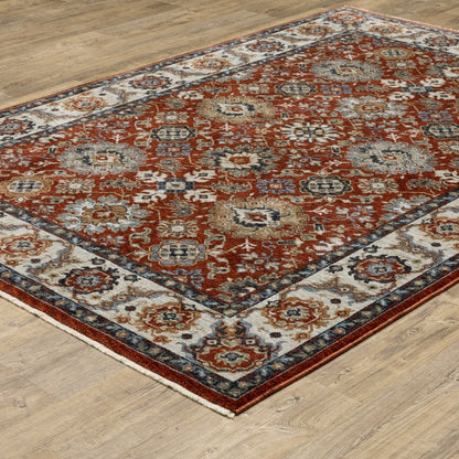 8' X 11' Red Ivory And Orange Oriental Area Rug With Fringe