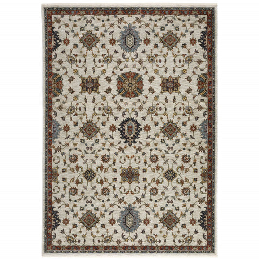 2' X 3' Ivory Grey Rust Red Gold And Shades Of Blue Oriental Power Loom Stain Resistant Area Rug With Fringe