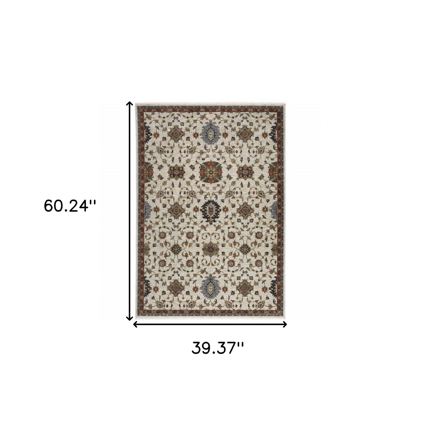 3' X 5' Beige Rust Red Blue Gold And Grey Oriental Power Loom Stain Resistant Area Rug With Fringe