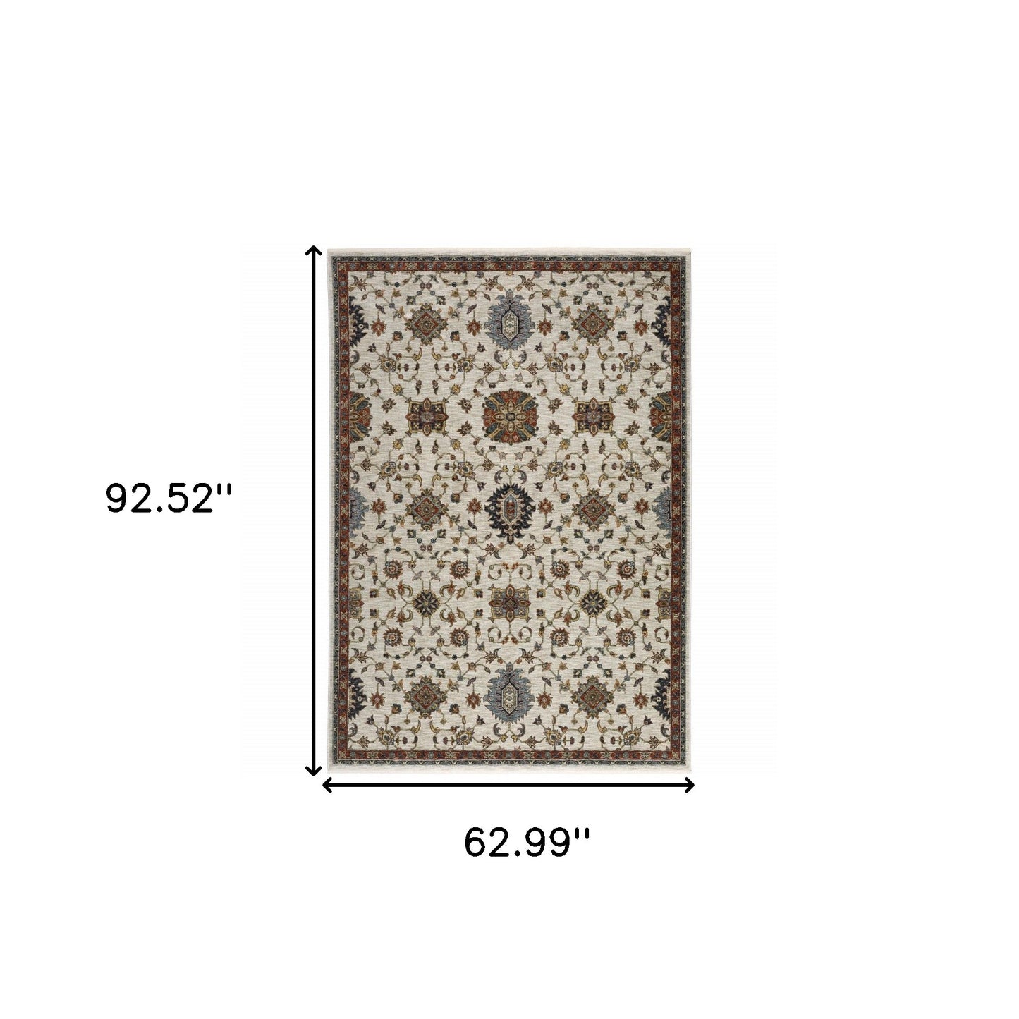 5' X 8' Beige Rust Red Blue Gold And Grey Oriental Power Loom Stain Resistant Area Rug With Fringe