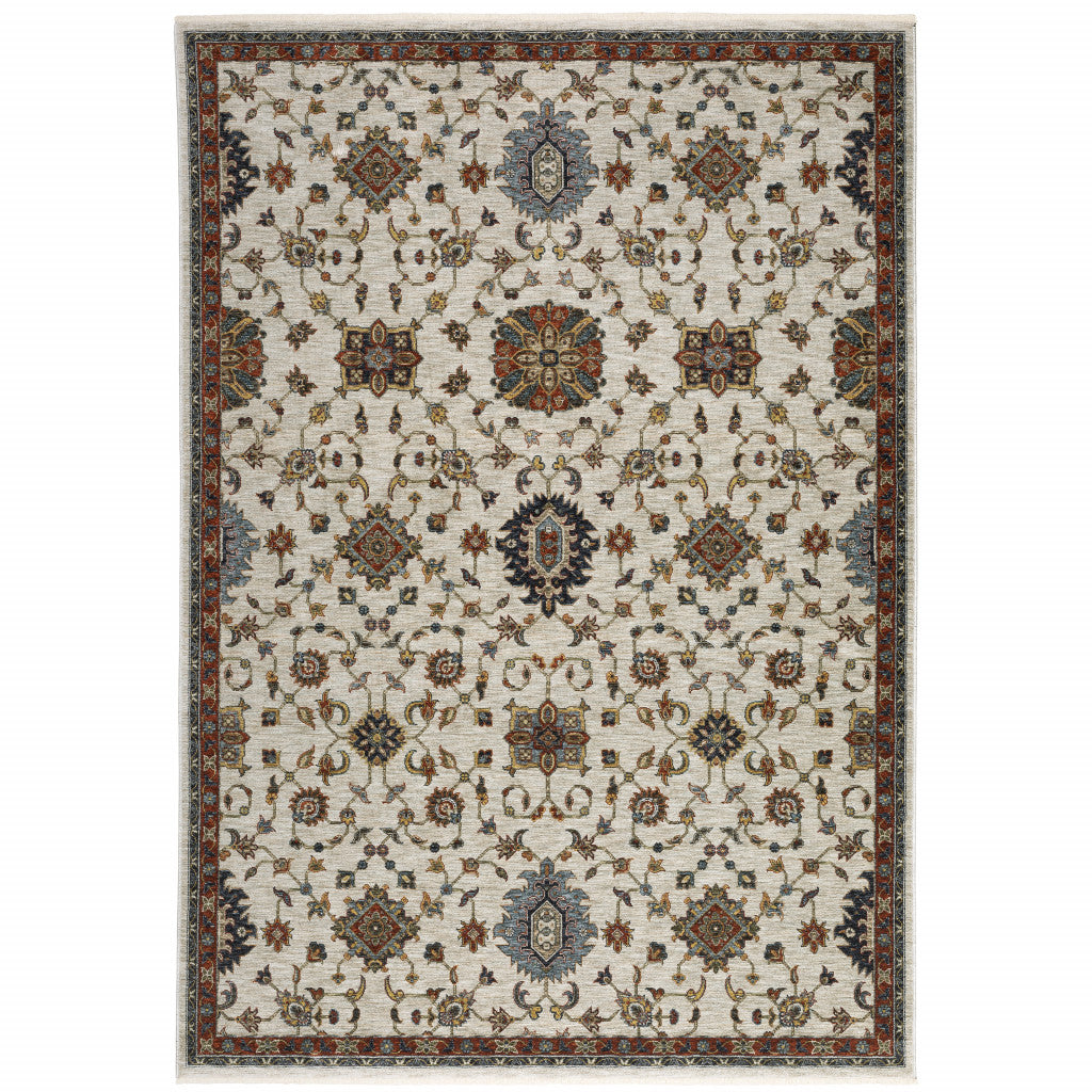 7' X 10' Blue and Beige Oriental Power Loom Area Rug With Fringe