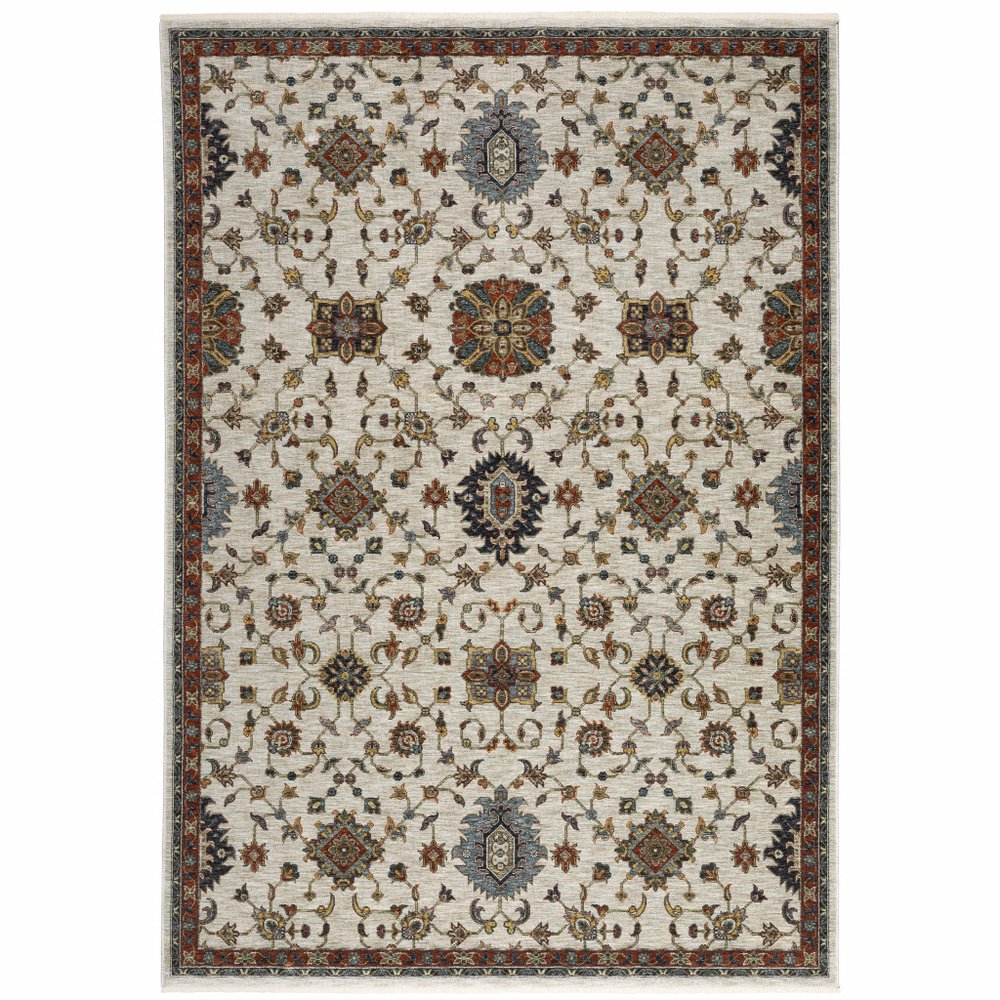 7' X 10' Ivory Red And Yellow Oriental Area Rug With Fringe