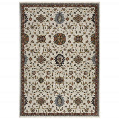 7' X 10' Ivory Red And Yellow Oriental Area Rug With Fringe