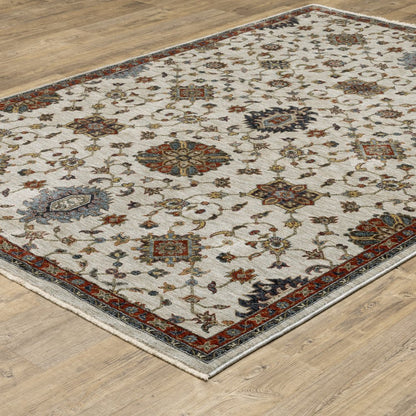 7' X 10' Ivory Red And Yellow Oriental Area Rug With Fringe