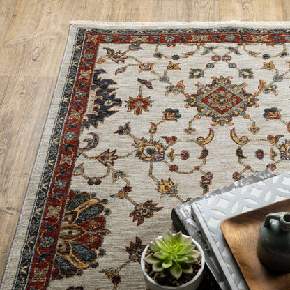 7' X 10' Ivory Red And Yellow Oriental Area Rug With Fringe