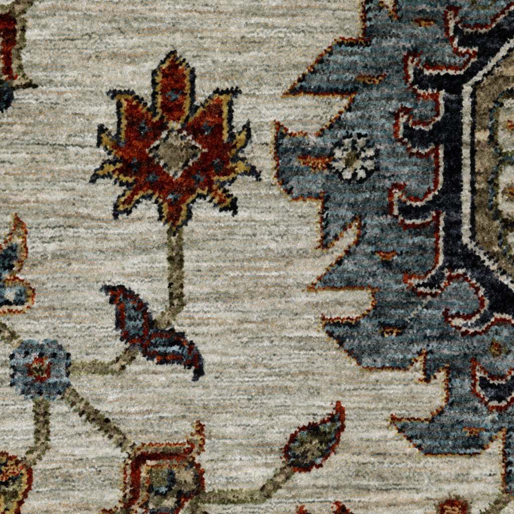 7' X 10' Blue and Beige Oriental Power Loom Area Rug With Fringe