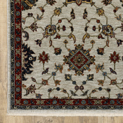 7' X 10' Ivory Red And Yellow Oriental Area Rug With Fringe