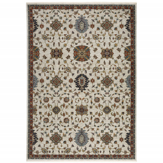 10' X 13' Beige Rust Red Blue Gold And Grey Oriental Power Loom Stain Resistant Area Rug With Fringe