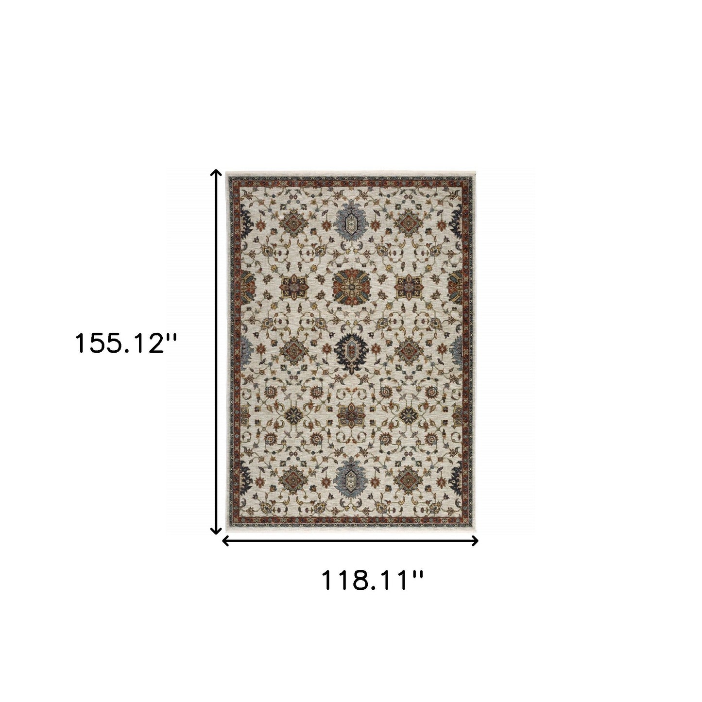 10' X 13' Beige Rust Red Blue Gold And Grey Oriental Power Loom Stain Resistant Area Rug With Fringe