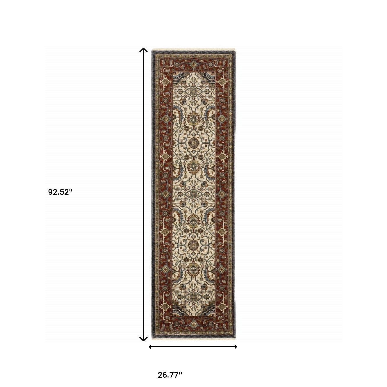 2' X 8' Ivory Beige Red Blue Gold Green And Navy Oriental Power Loom Stain Resistant Runner Rug With Fringe