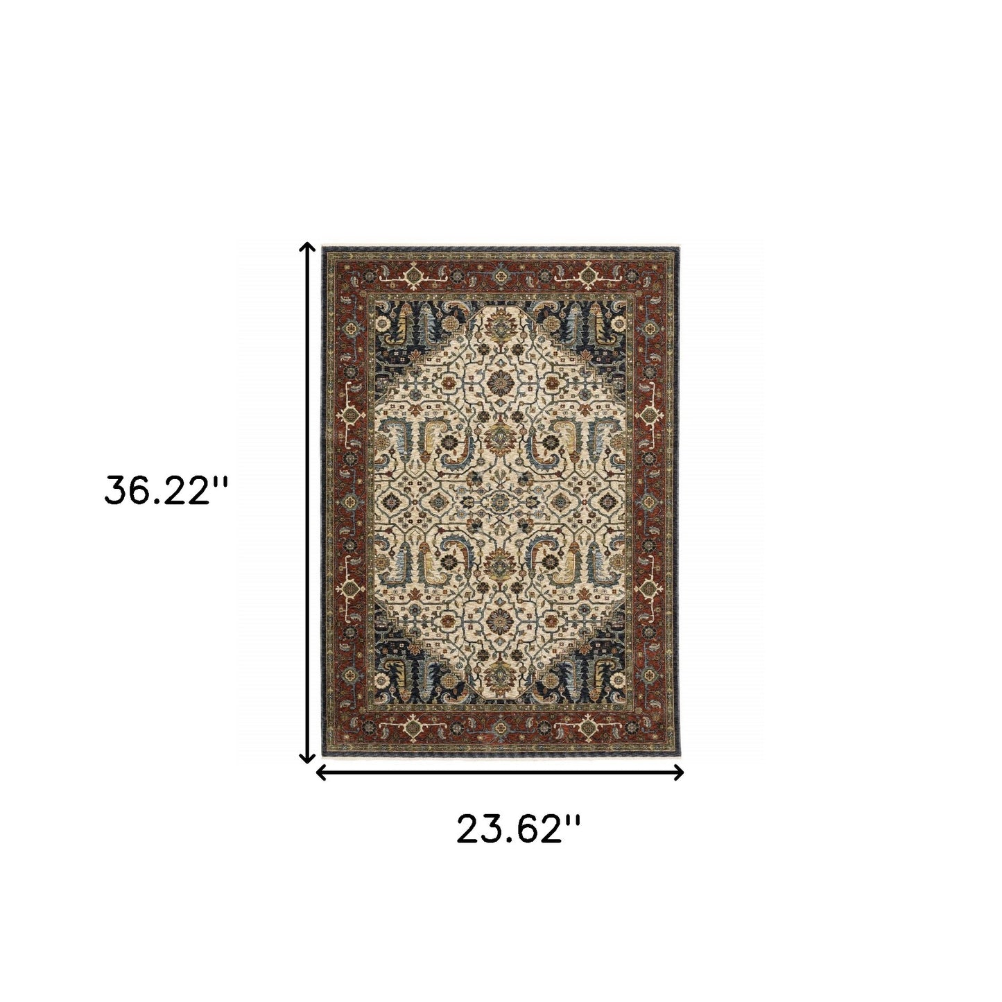 2' X 3' Ivory Beige Red Blue Gold Green And Navy Oriental Power Loom Stain Resistant Area Rug With Fringe