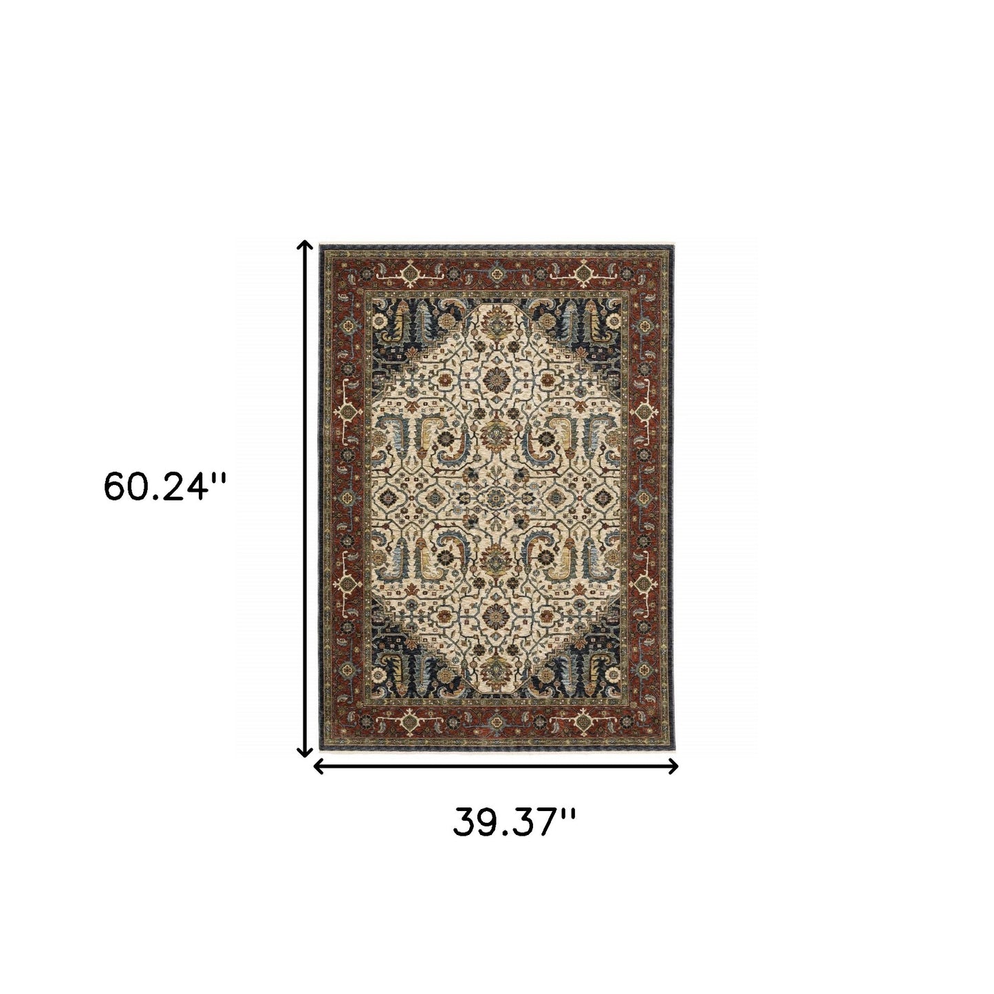 3' X 5' Ivory Beige Red Blue Gold Green And Navy Oriental Power Loom Stain Resistant Area Rug With Fringe