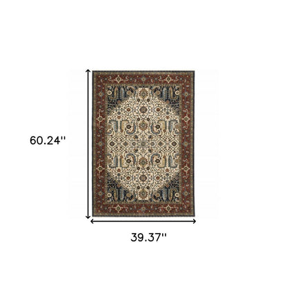 3' X 5' Ivory Beige Red Blue Gold Green And Navy Oriental Power Loom Stain Resistant Area Rug With Fringe