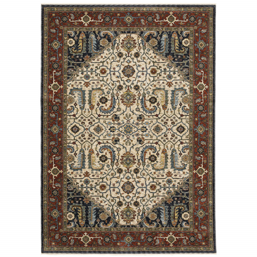 5' X 8' Ivory Beige Red Blue Gold Green And Navy Oriental Power Loom Stain Resistant Area Rug With Fringe