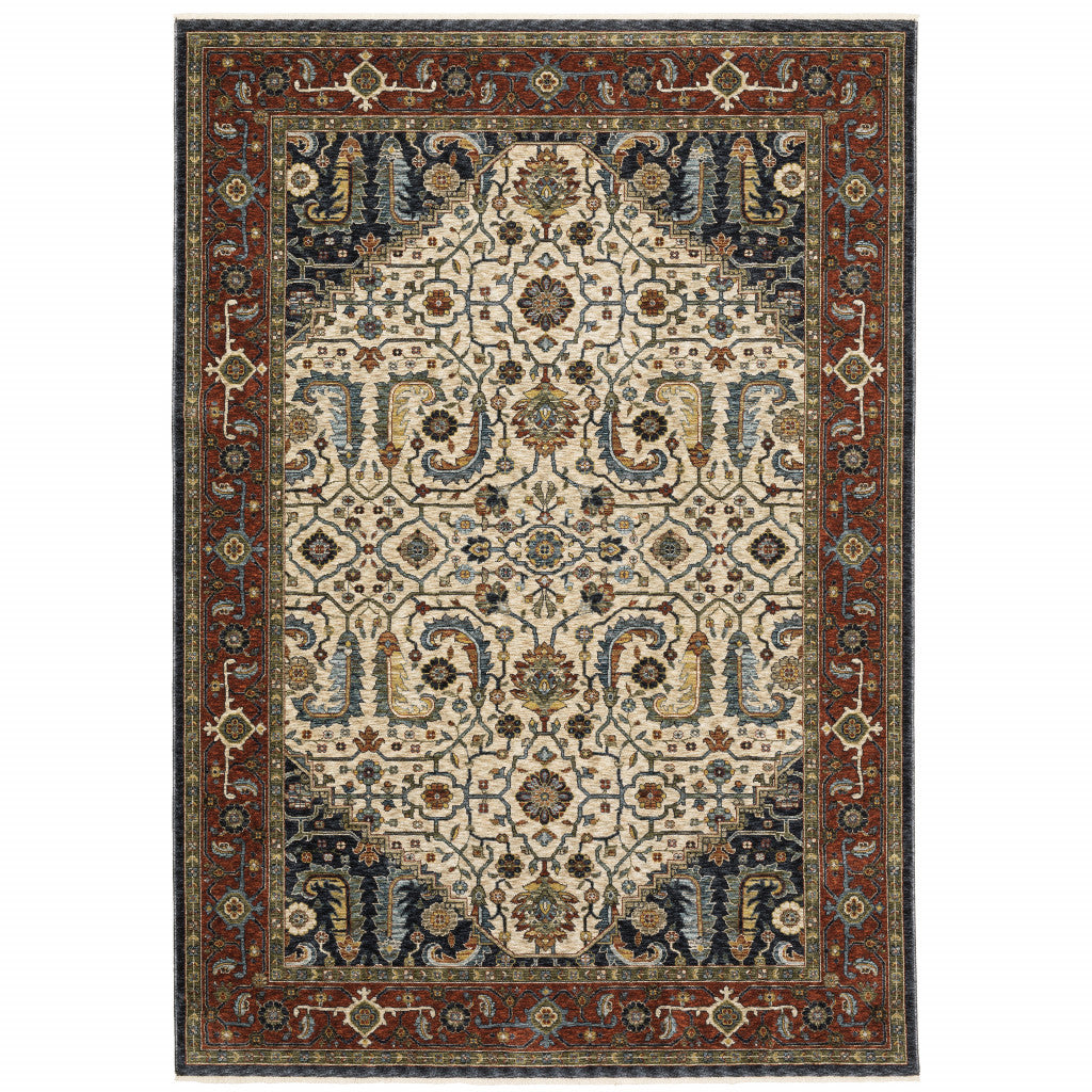 7' X 10' Beige and Ivory Oriental Power Loom Area Rug With Fringe