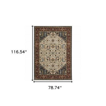 7' X 10' Ivory Red And Green Oriental Area Rug With Fringe