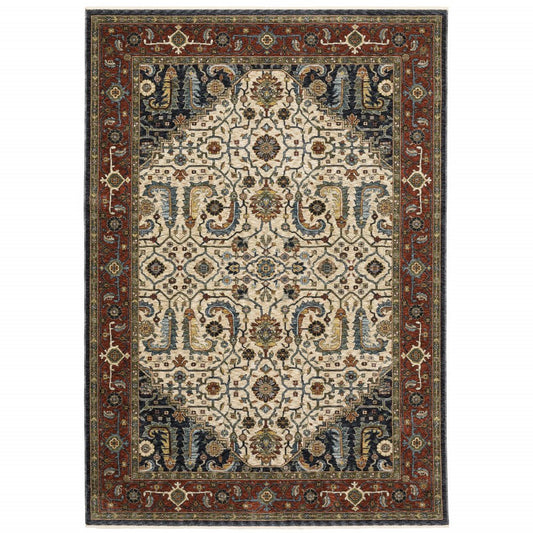 7' X 10' Ivory Red And Green Oriental Area Rug With Fringe