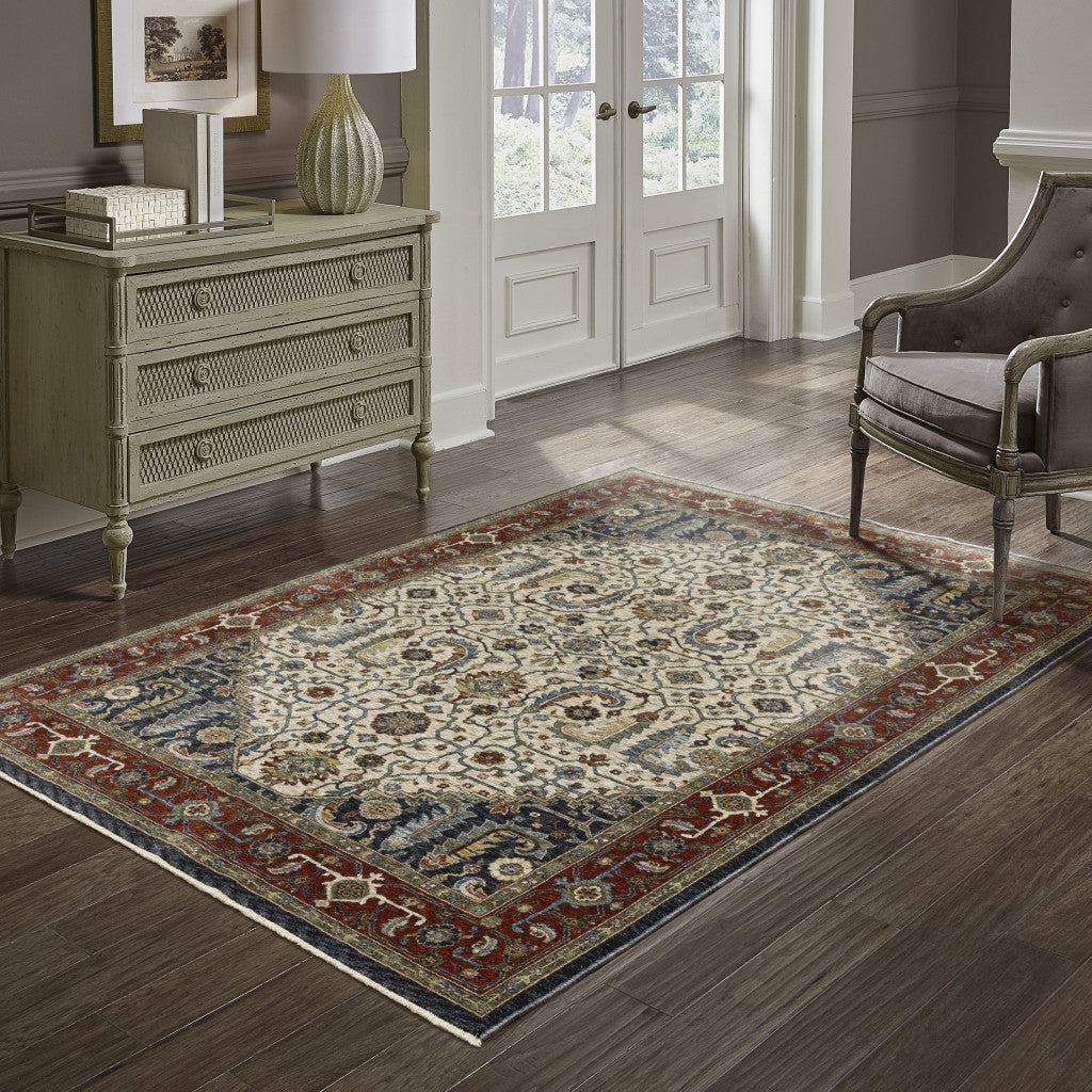 7' X 10' Beige and Ivory Oriental Power Loom Area Rug With Fringe