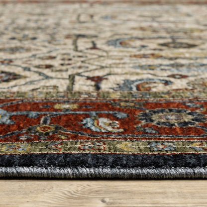 7' X 10' Ivory Red And Green Oriental Area Rug With Fringe