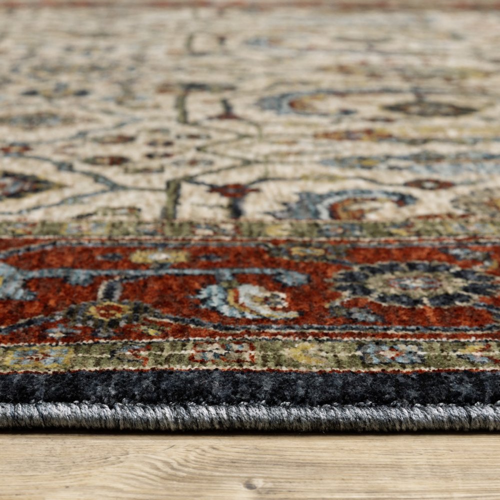 7' X 10' Ivory Red And Green Oriental Area Rug With Fringe