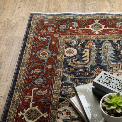 7' X 10' Ivory Red And Green Oriental Area Rug With Fringe