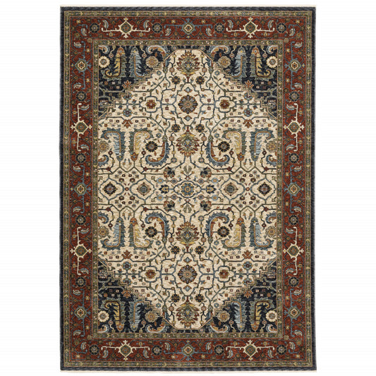 8' X 11' Ivory Beige Red Blue Gold Green And Navy Oriental Power Loom Stain Resistant Area Rug With Fringe