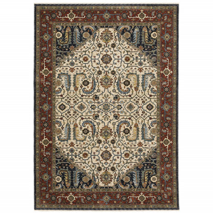 8' X 11' Ivory Red And Green Oriental Area Rug With Fringe