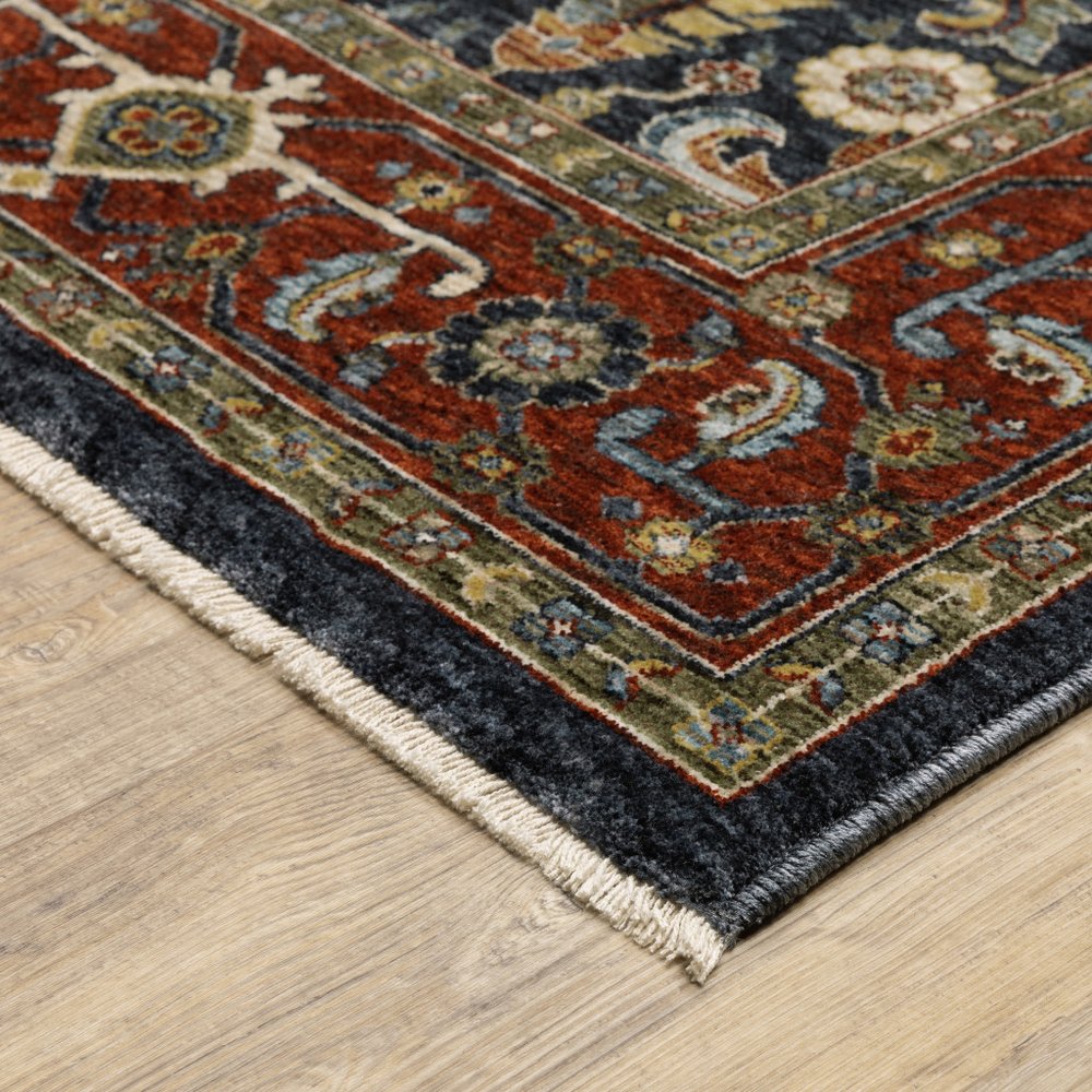 8' X 11' Ivory Red And Green Oriental Area Rug With Fringe