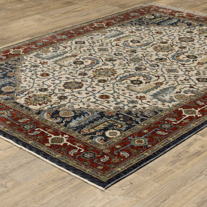 8' X 11' Ivory Red And Green Oriental Area Rug With Fringe