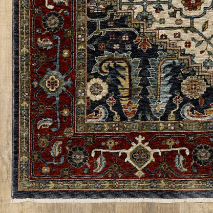 8' X 11' Ivory Red And Green Oriental Area Rug With Fringe