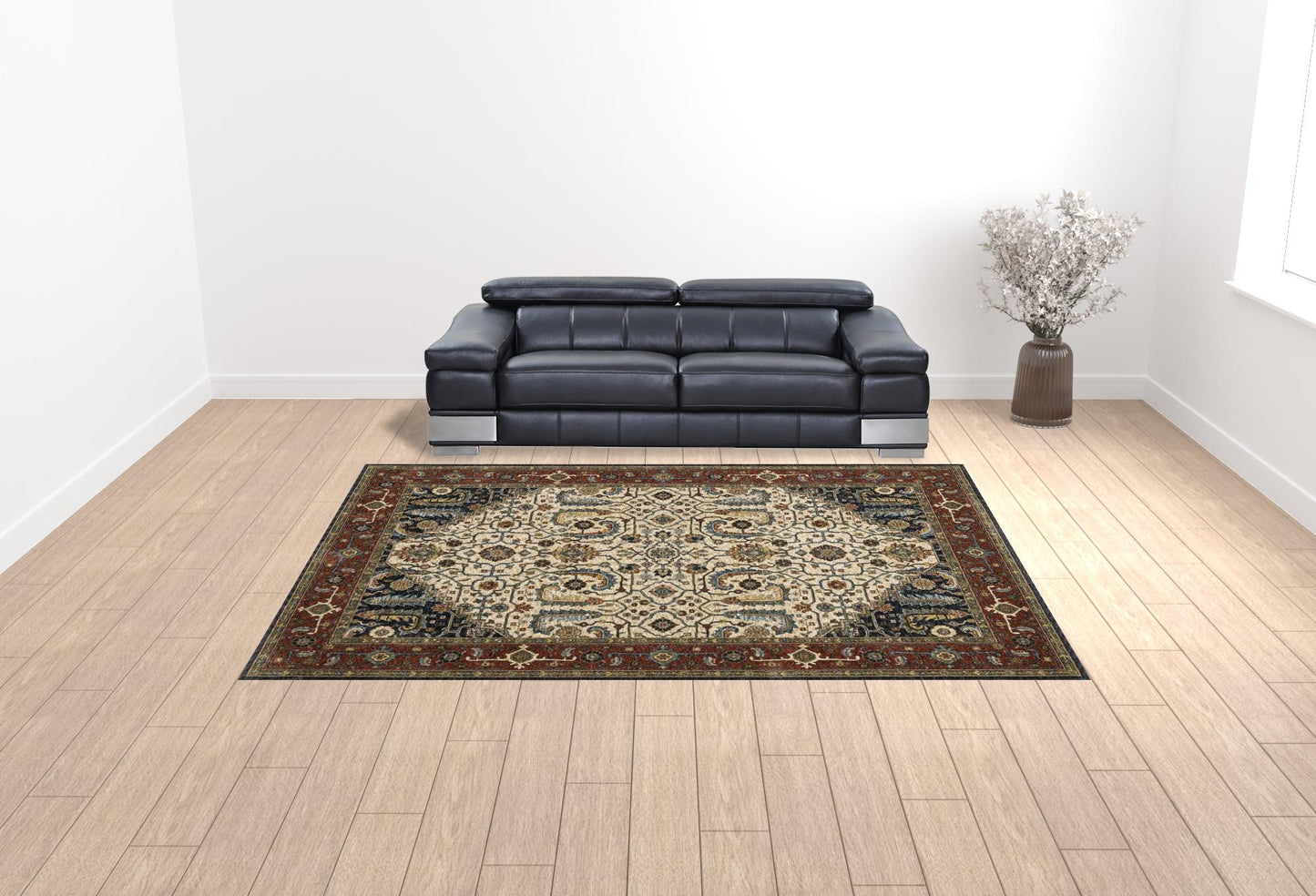 10' X 13' Ivory Beige Red Blue Gold Green And Navy Oriental Power Loom Stain Resistant Area Rug With Fringe