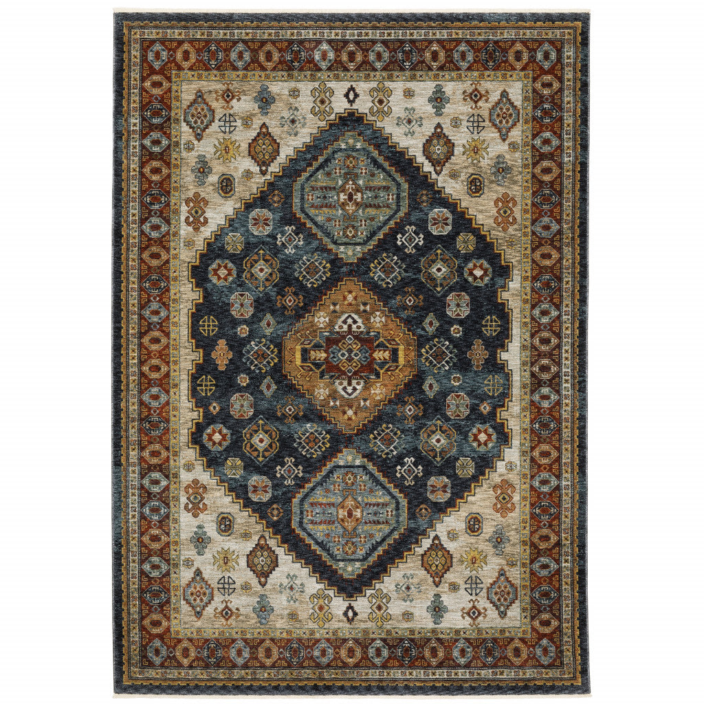 3' X 5' Blue Red Beige Orange Gold And Tan Oriental Power Loom Stain Resistant Area Rug With Fringe