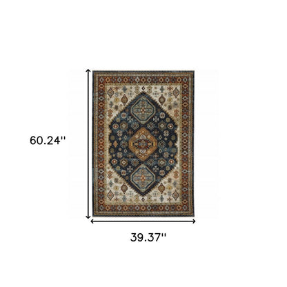 3' X 5' Blue Red Beige Orange Gold And Tan Oriental Power Loom Stain Resistant Area Rug With Fringe