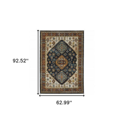 5' X 8' Blue Red Beige Orange Gold And Tan Oriental Power Loom Stain Resistant Area Rug With Fringe