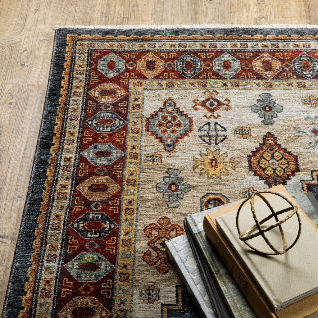 5' X 8' Blue Red Beige Orange Gold And Tan Oriental Power Loom Stain Resistant Area Rug With Fringe