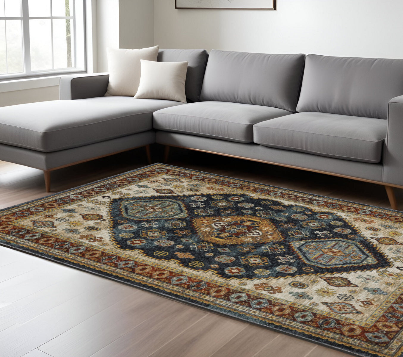 7' X 10' Blue and Beige Oriental Power Loom Area Rug With Fringe