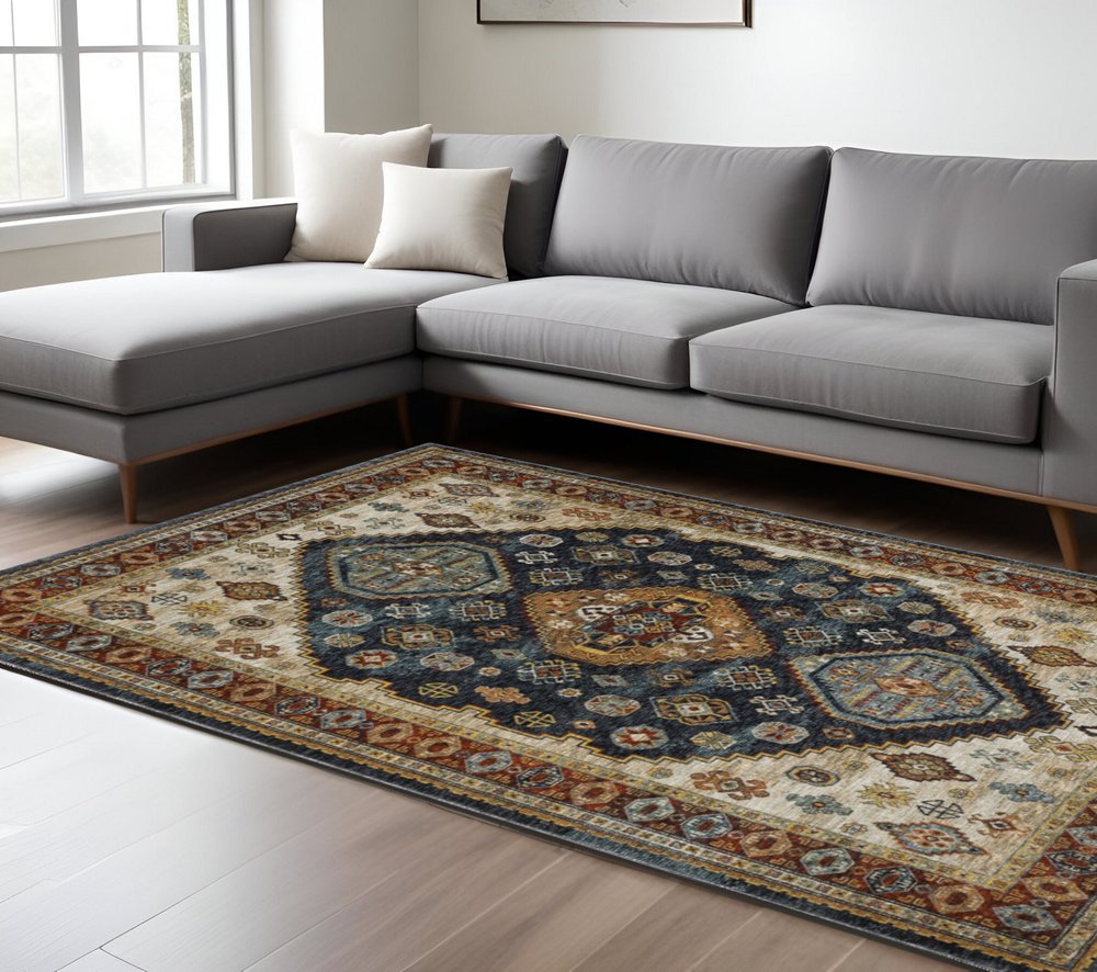 7' X 10' Blue Beige And Orange Oriental Area Rug With Fringe