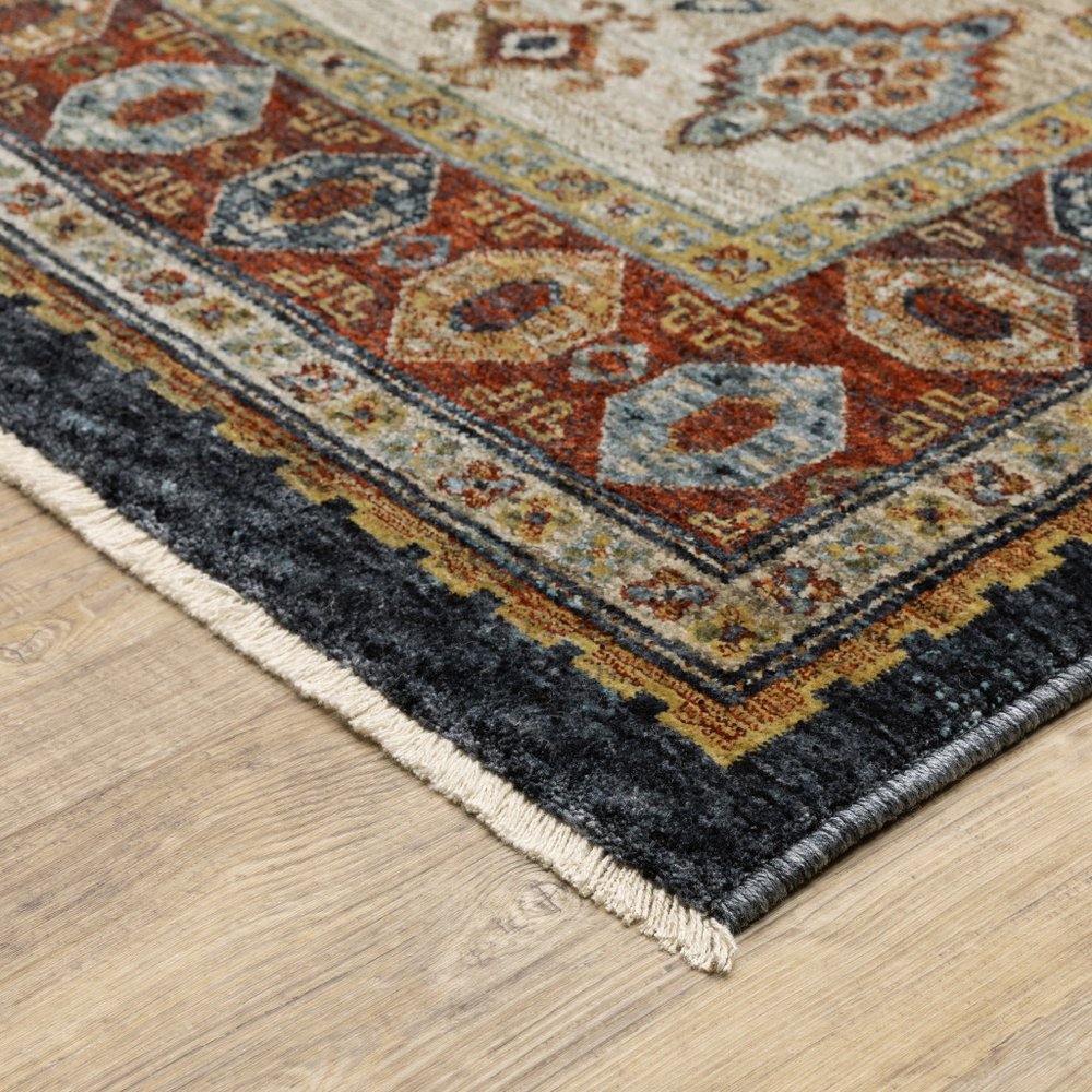 7' X 10' Blue Beige And Orange Oriental Area Rug With Fringe