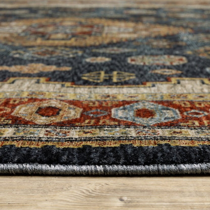 7' X 10' Blue Beige And Orange Oriental Area Rug With Fringe