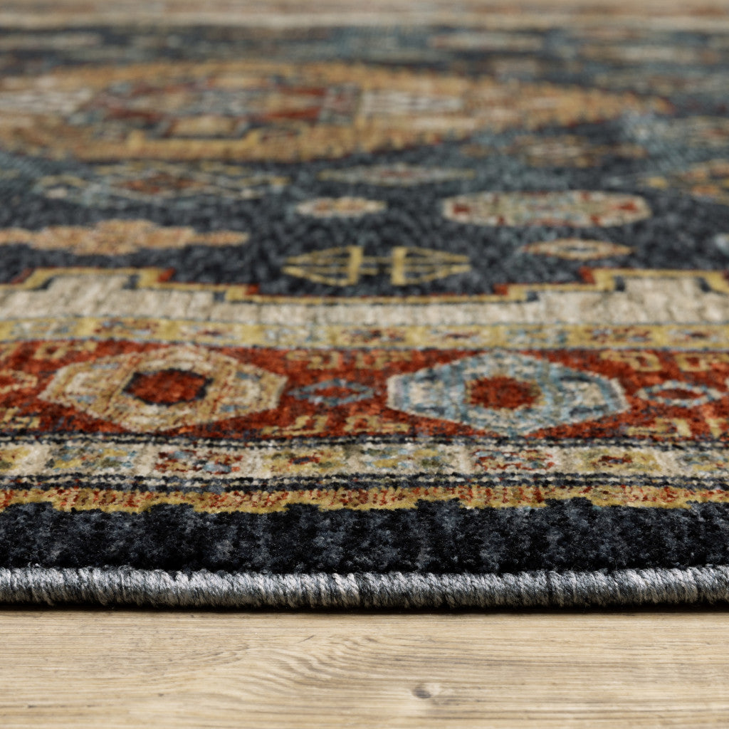 6' X 9' Blue Red Beige Orange Gold And Tan Oriental Power Loom Stain Resistant Area Rug With Fringe