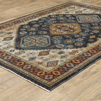 7' X 10' Blue Beige And Orange Oriental Area Rug With Fringe